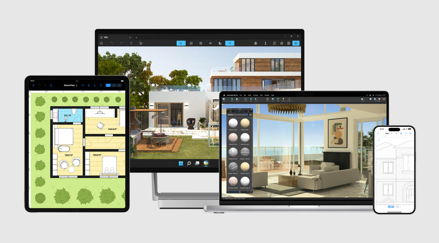Various home design projects created in Live Home 3D interior design app opened on different devices: Mac, iPad, iPhone, Windows PC.