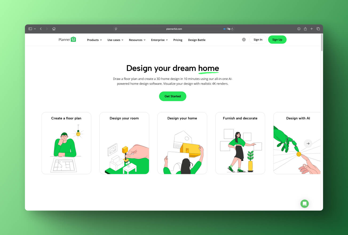 A screenshot of the home page on Planner 5D app’s website on a green gradient background.