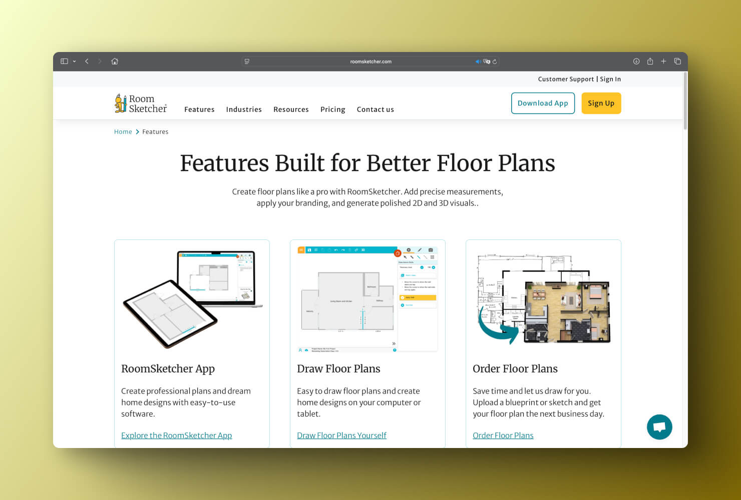 A screenshot of the home page on the RoomSketcher website on a yellow gradient background.