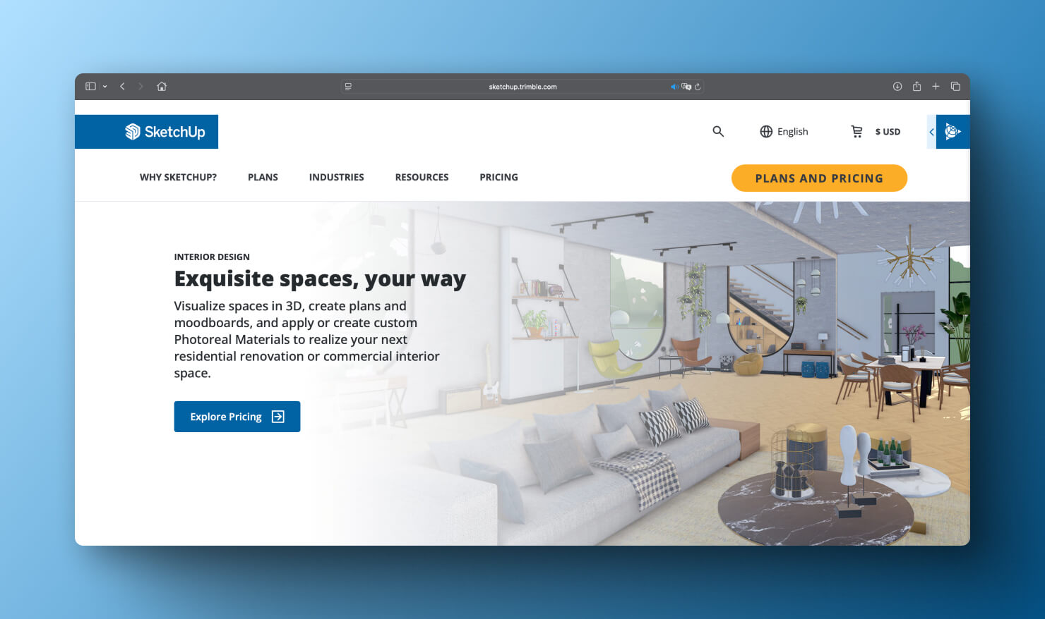 A screenshot of the page on the SketchUp website on a blue gradient background.