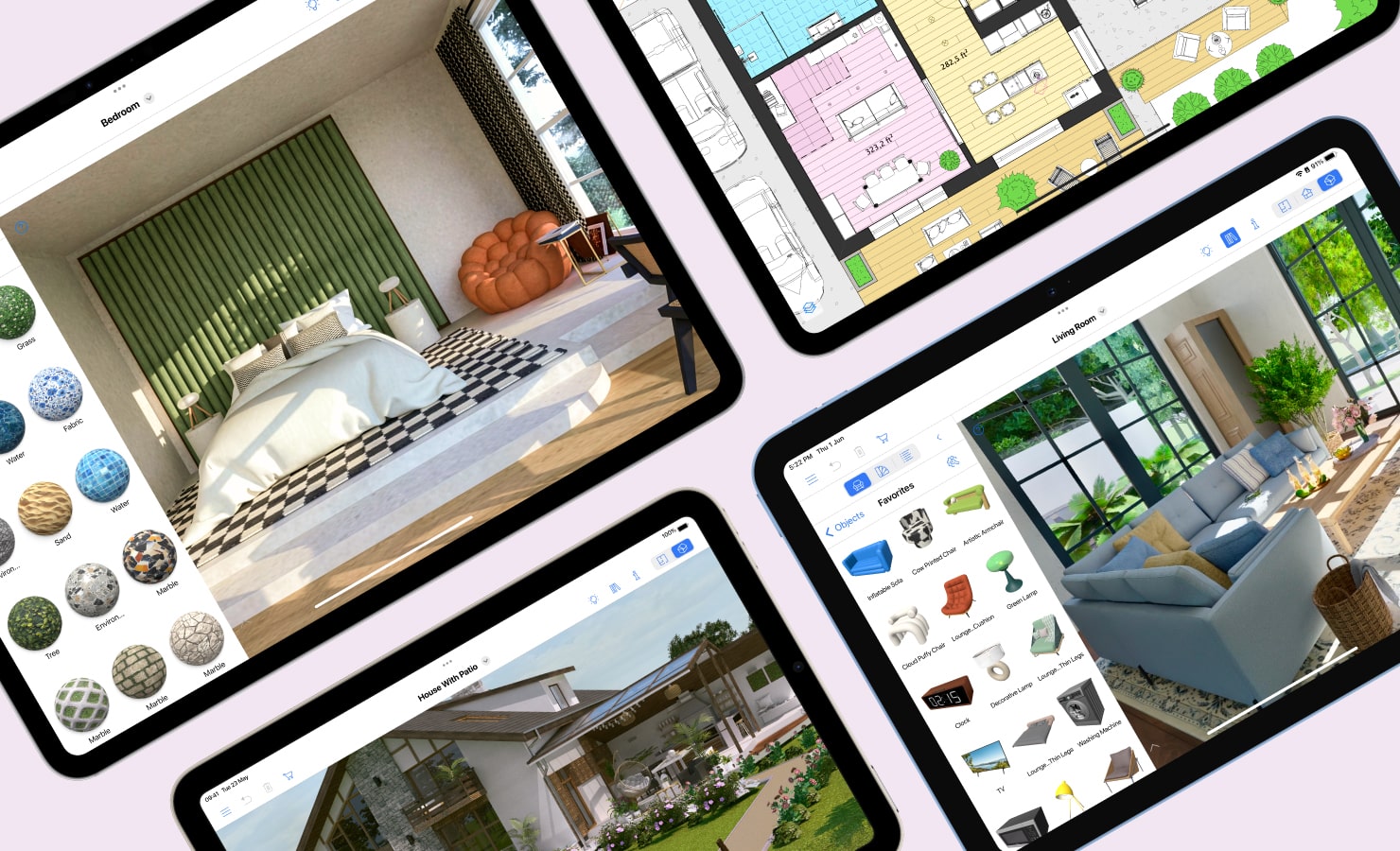 The best iPads for interior design with different projects created in Live Home 3D displayed on them.