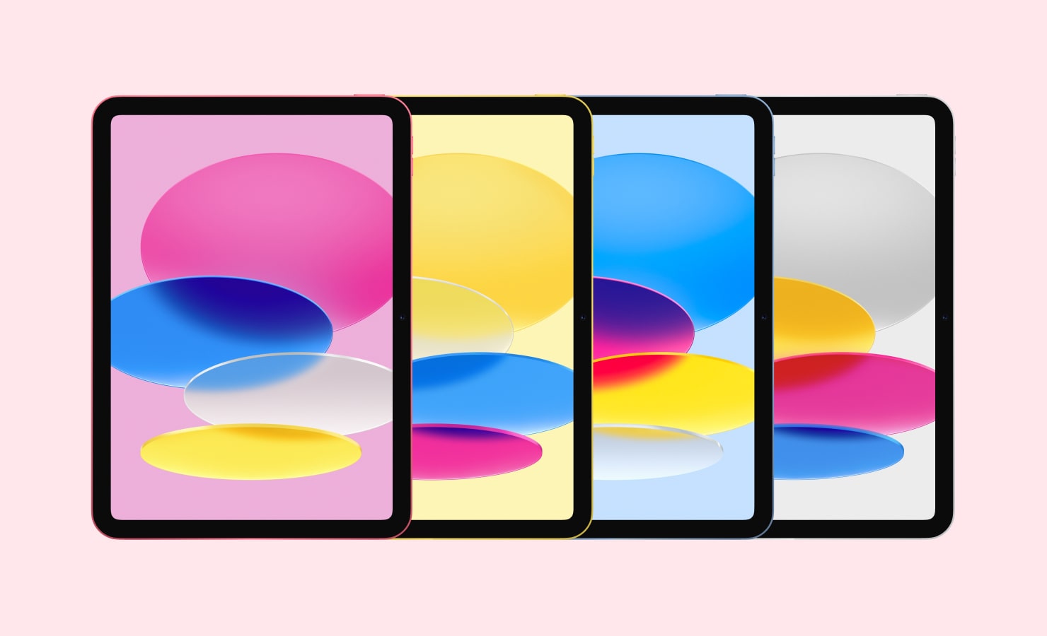 Apple iPad 11 displayed in pink, yellow, blue, silver colors on a light pink background.