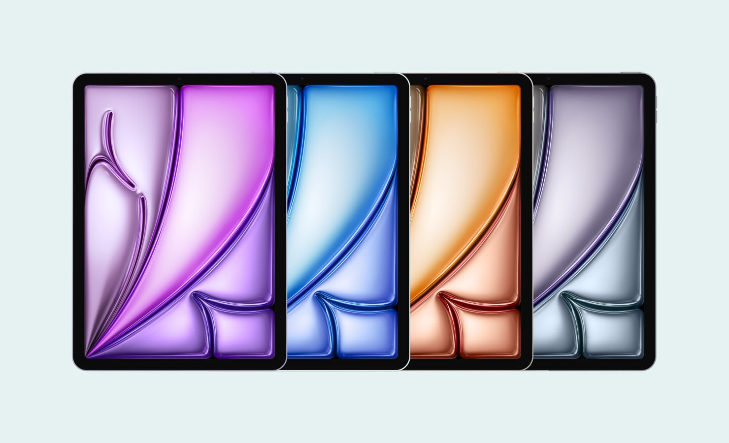 Apple 11-inch Pad Air displayed in purple, blue, starlight and space gray colors on a light blue background.