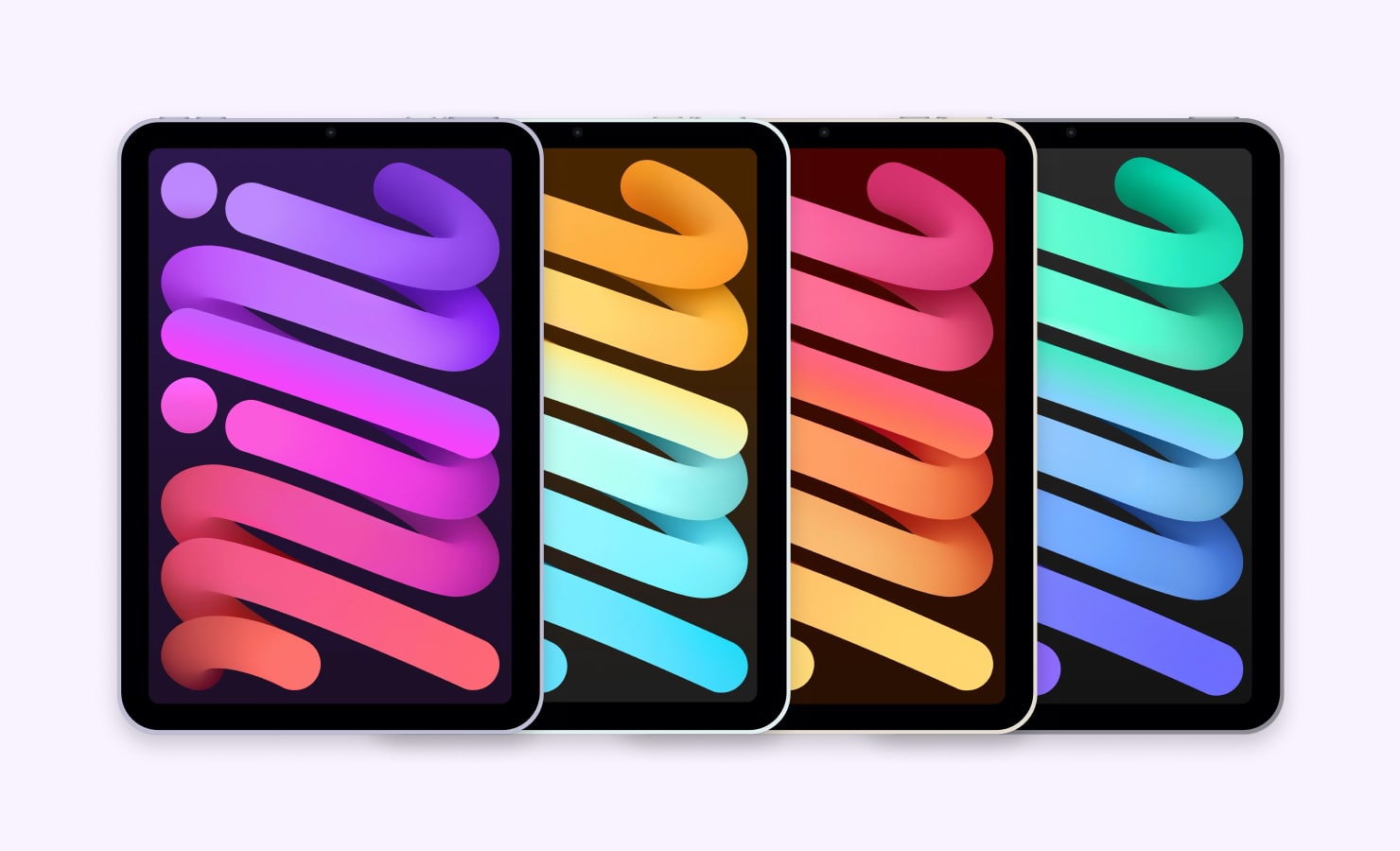 Apple iPad Mini displayed in purple, blue, starlight and space gray colors on a light purple background.