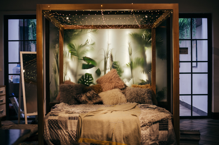 Biophilic interior of a bedroom.