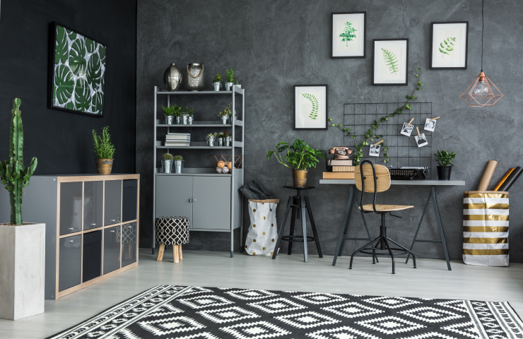 Biophilic room design in gray tones.