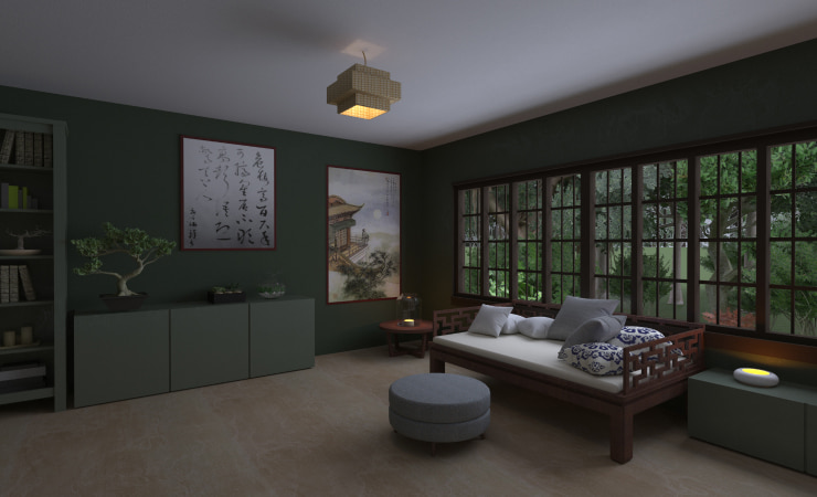 An interior of a room in green shades with Chinese traditional elements of furniture and decor designed and rendered in Live Home 3D.