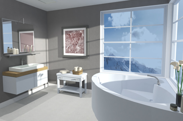 A light bathroom with a mountain view designed in Live Home 3D.