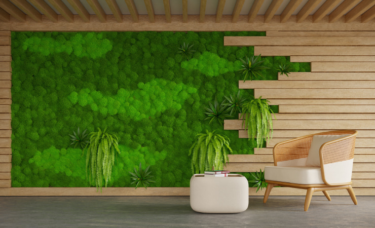 A spacious room with a moss wall.