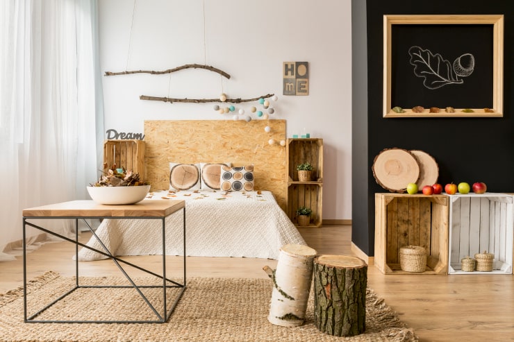 A stylish bedroom with a creative headboard.