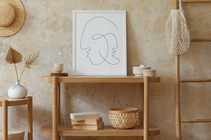Wabi-sabi interior design with wooden furniture.