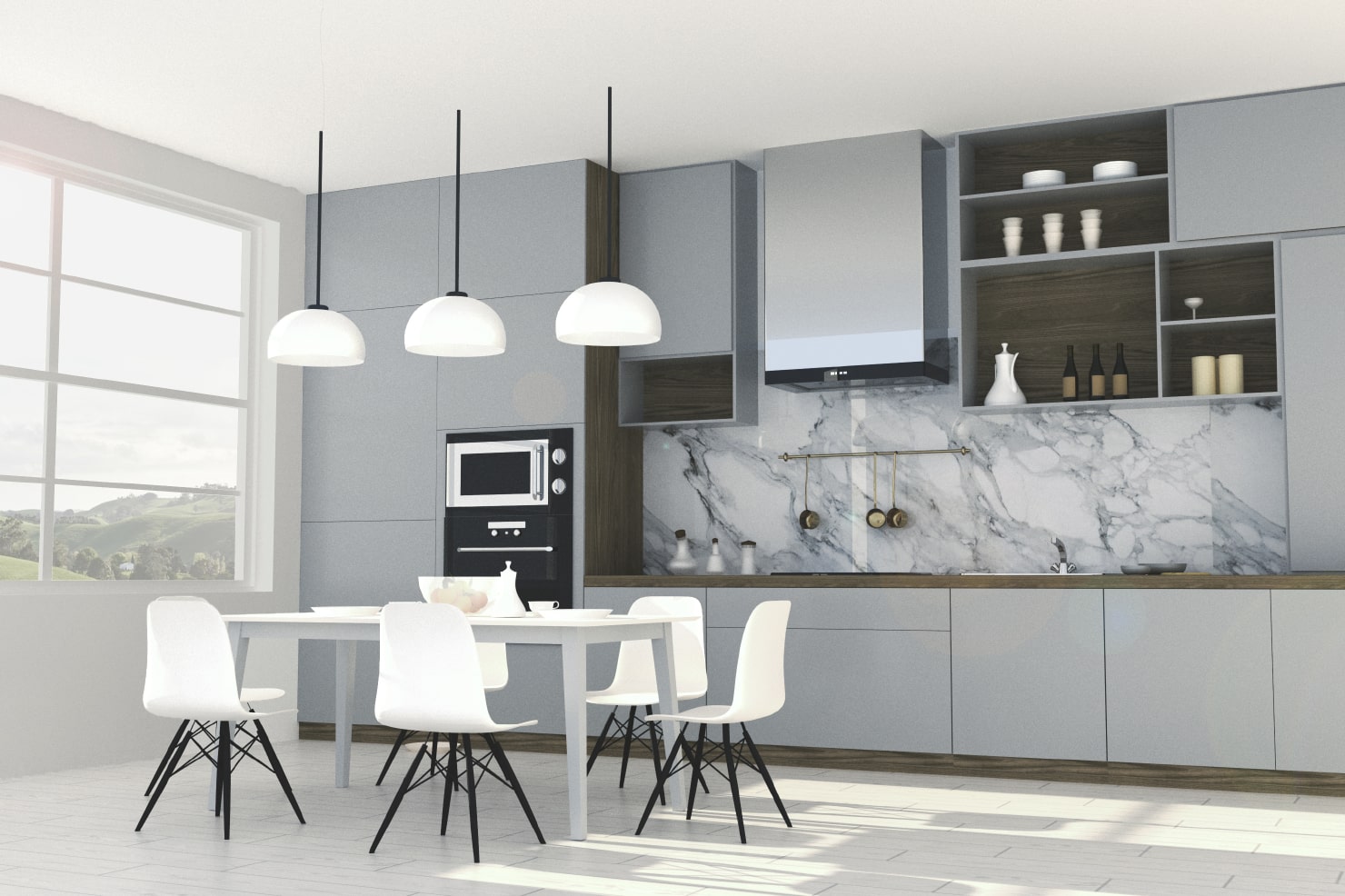 A kitchen in gray and white colors designed in Live Home 3D.