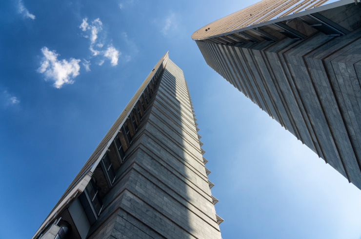 Brutalist skyscrapers at Gae Aulenti square in Milan, Italy.