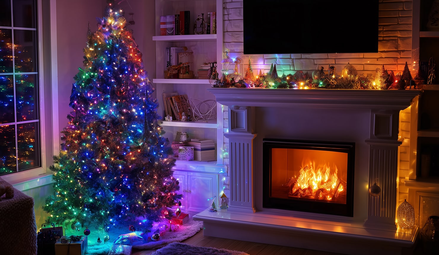 A Christmas tree decorated with multi-colored LED lights standing beside the fireplace.