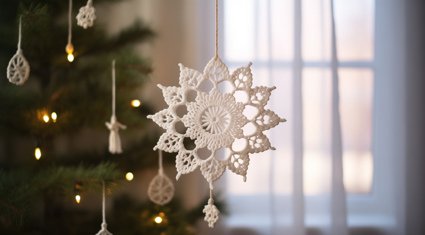 Closeup of a crocheted snowflake with other handmade ornaments hanging on the Christmas tree that’s depicted in the background.