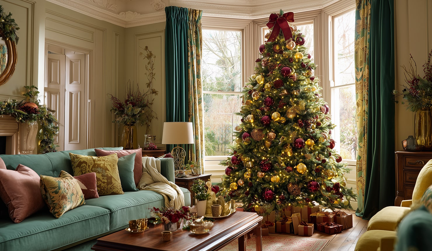 An elegant living room decorated for Christmas in emerald, ruby, gold, pastel green and blush pink tones.