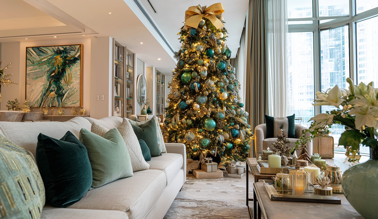 A chic elegant living room decorated for Christmas in emerald and pastel green color and golden metallic accents.