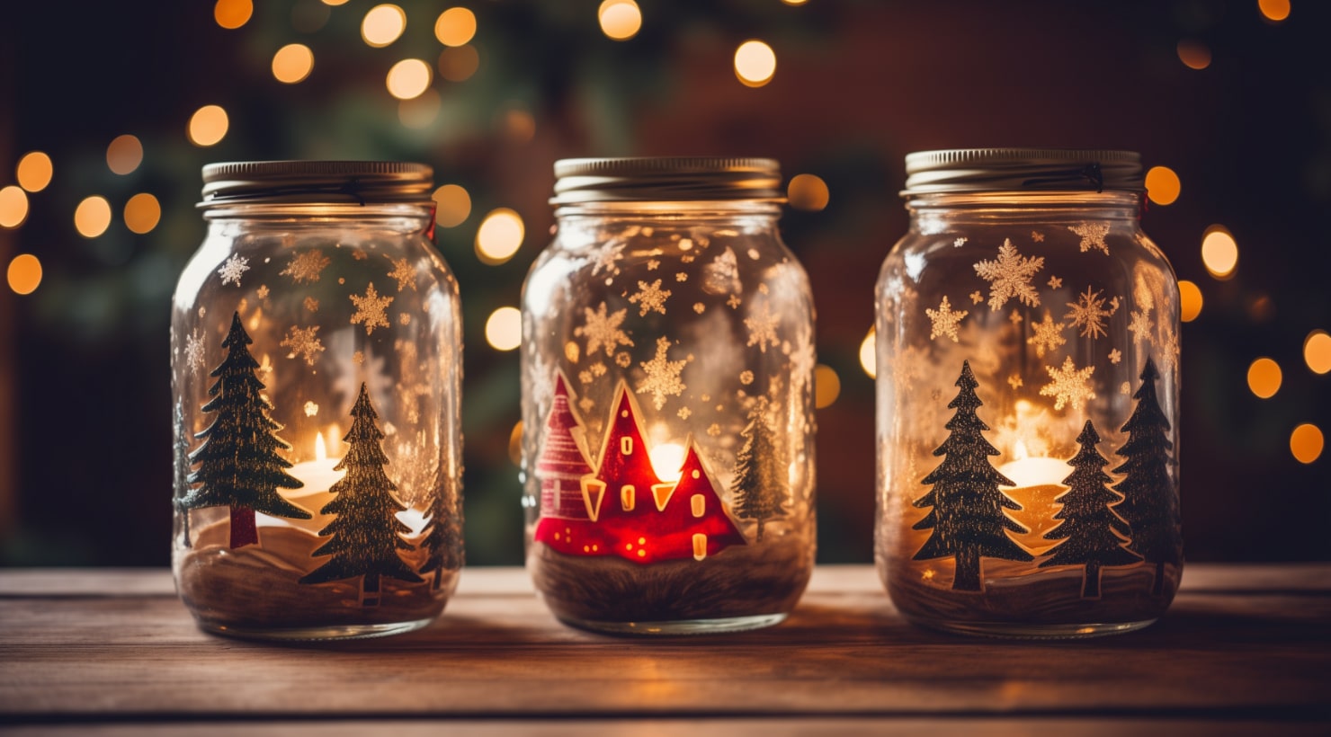 Three vintage mason jars repurposed as candle holders with Christmas-themed paintings on them standing on a wooden table.