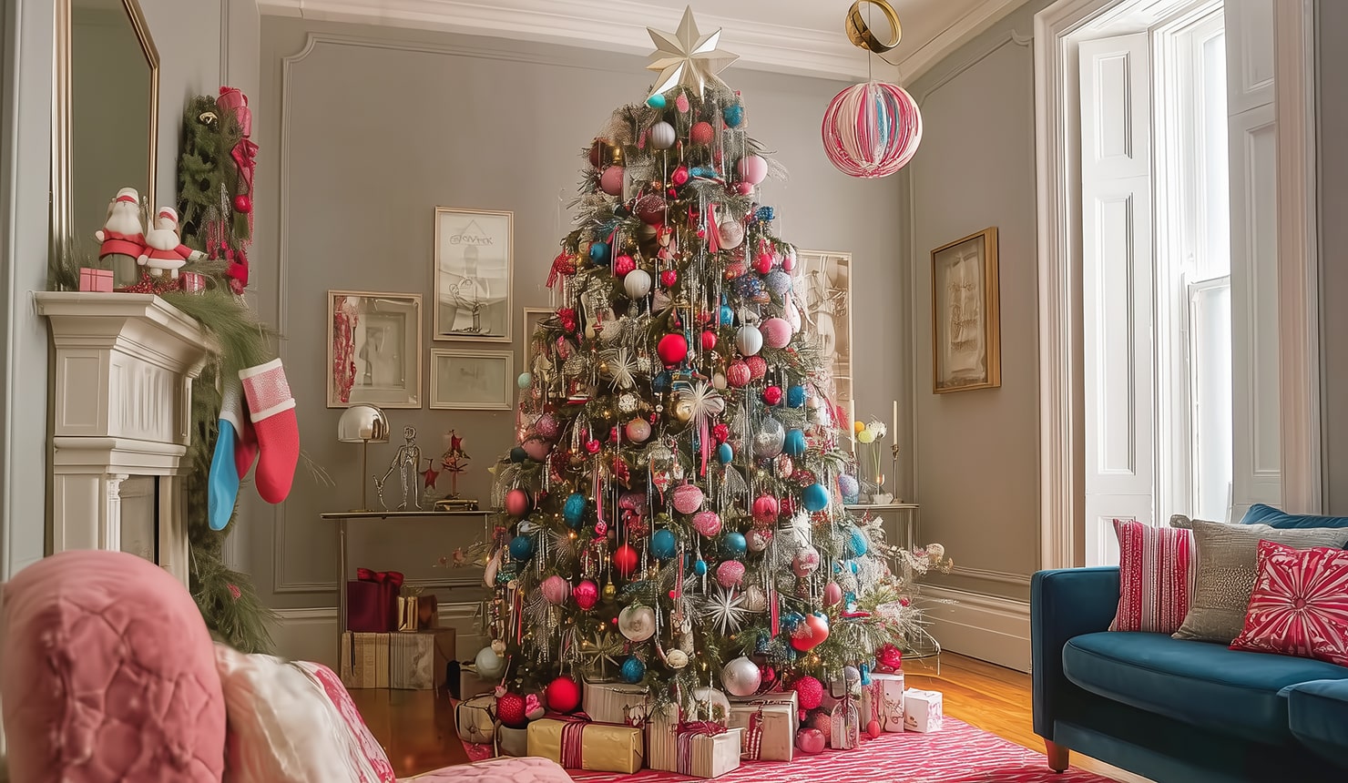 A modern living room with bright accents and a tall Christmas tree with vibrant colorful baubles and tinsel in the middle of the room.