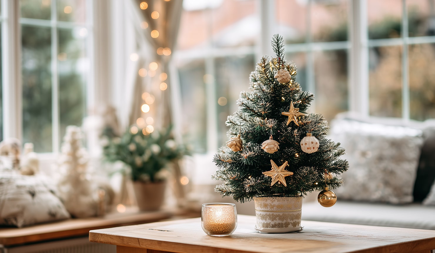 A tiny Christmas tree standing on a wooden coffee table with a candle by its side.
