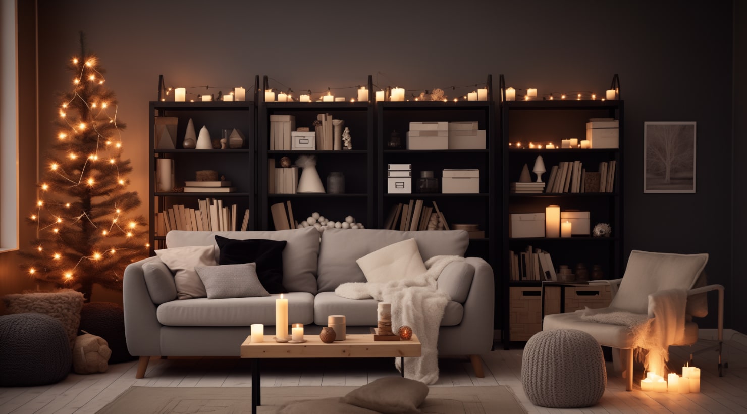 A Scandinavian-style living room in gray tones decorated for Christmas with LED lights and plenty of candles.
