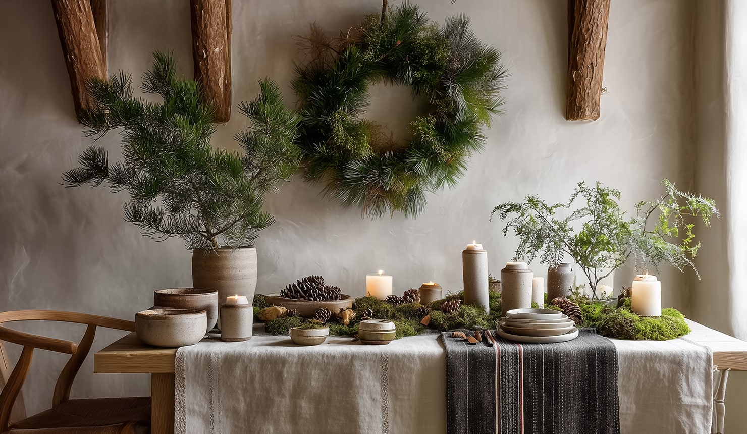 A Scandinavian style Christmas setting: wooden table covered with a linen cloth, with decorations like pine branches, moss, pine cones and candles on top of the table.