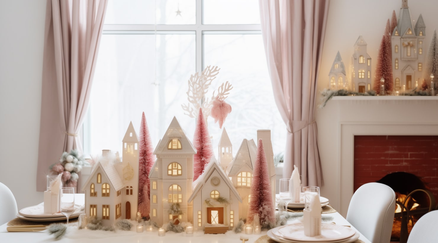 A decorative white wooden Christmas house standing on the table with other pieces of decor, like little burgundy red Christmas trees, spruce branches and candles.