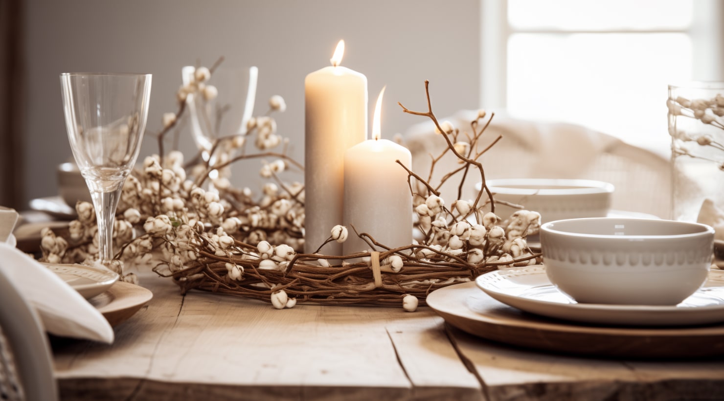 Christmas dining table decor in Scandinavian style, including twigs and candles, on a wooden table.