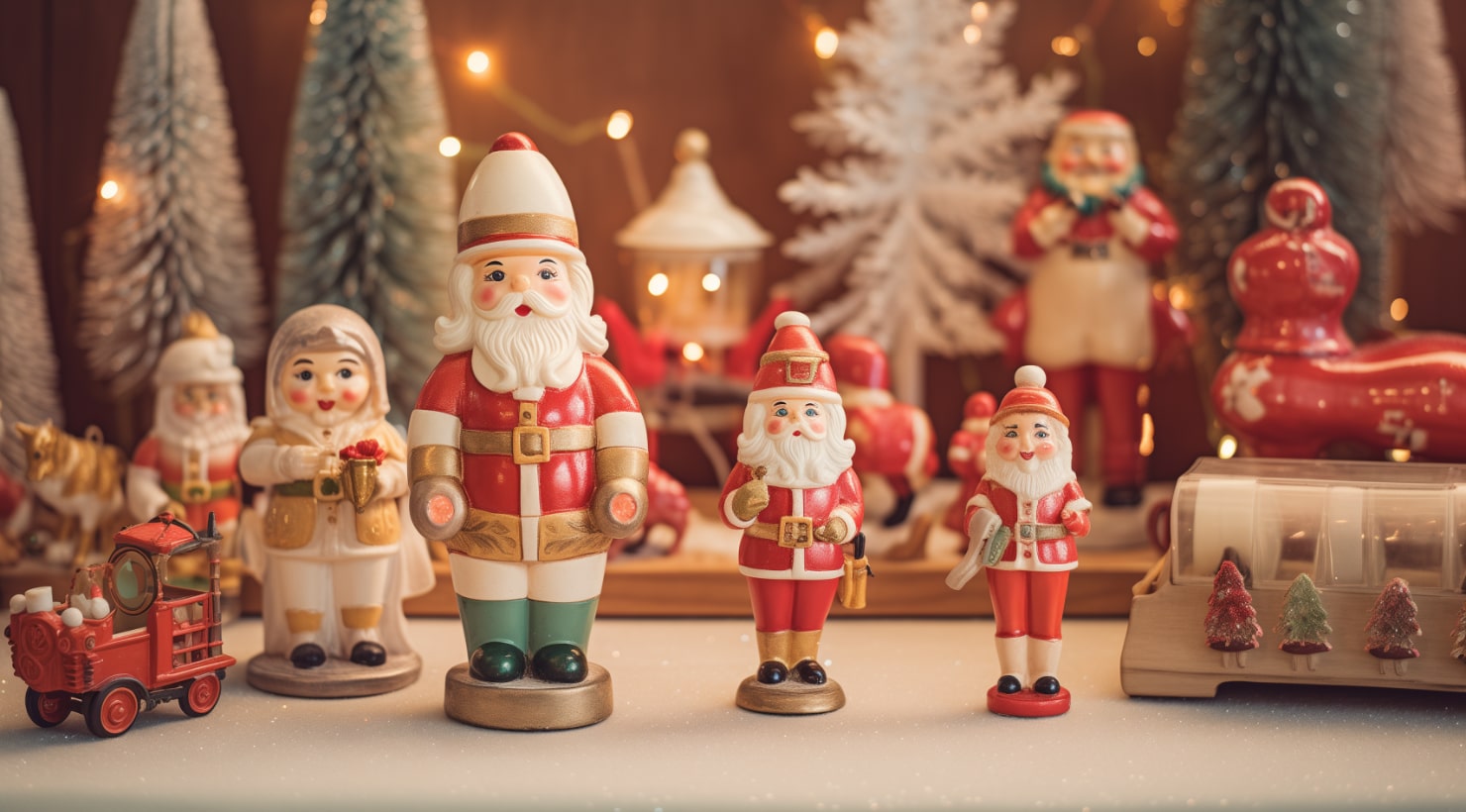 Vintage Christmas decorations like ceramic Santa Clauses and other figurines.