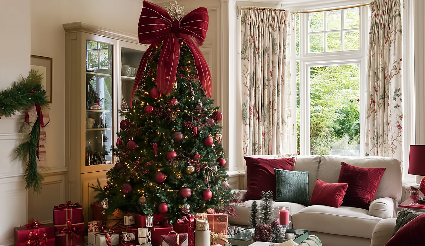 A tall Christmas tree decorated with red and golden baubles and an oversized red bow on top of the tree, standing in the traditional style living room.