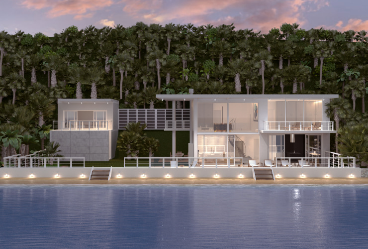 A beach villa next to the hill at dusk created in Live Home 3D Pro.