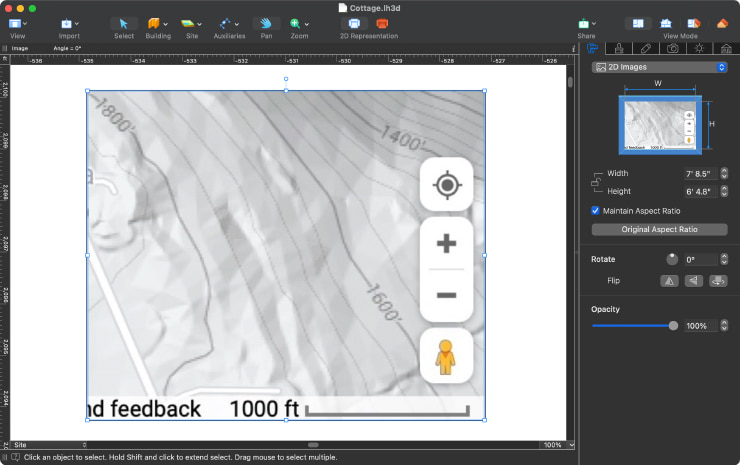 Live Home 3D Pro landscape design app for Mac with the imported Google Maps image.