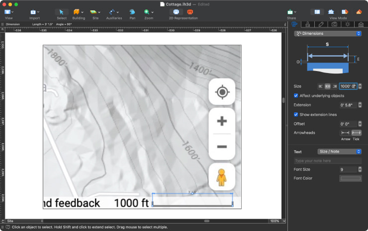 Matching the scale of the document and the terrain map in Live Home 3D Pro for Mac.