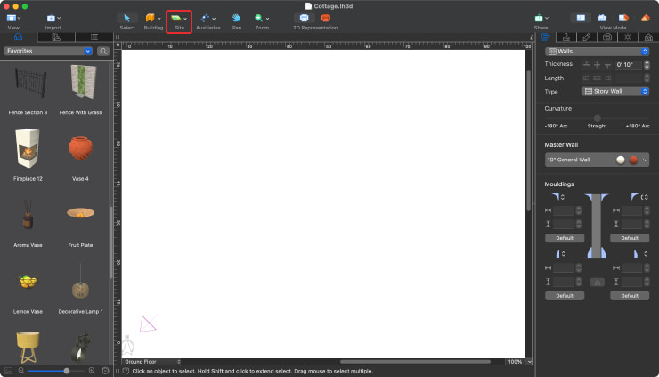 Live Home 3D Pro app for Mac with the Site terrain editing tool marked in the toolbar.