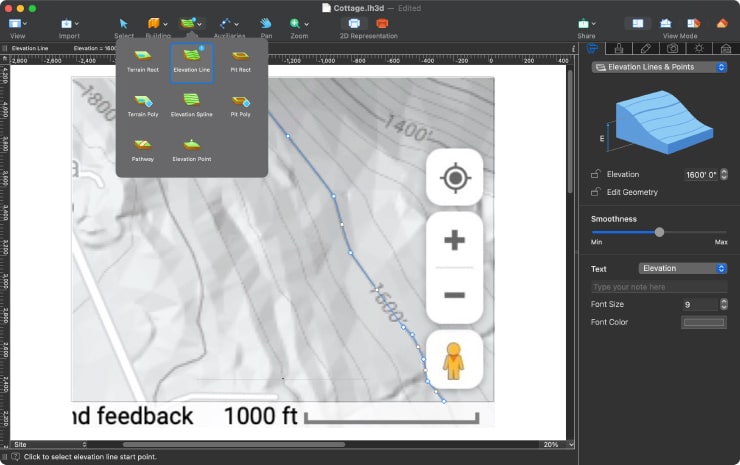 Terrain editing with the Elevation line tool selected under the Site menu of Live Home 3D Pro for Mac.
