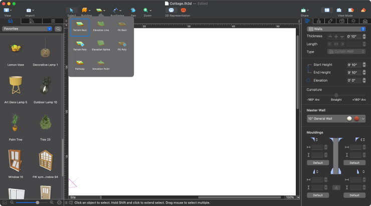 Live Home 3D Pro app for Mac with the Site > Terrain Rect tool selected in the toolbar.