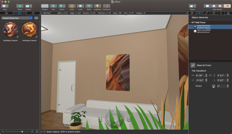 A screenshot demonstrating how to apply a material to a picture in Live Home 3D for Mac.
