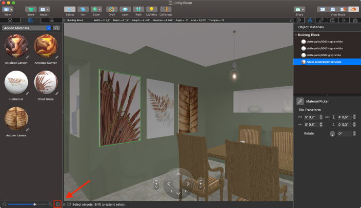 A screenshot showcasing how to apply a material to a picture in Live Home 3D for Mac.