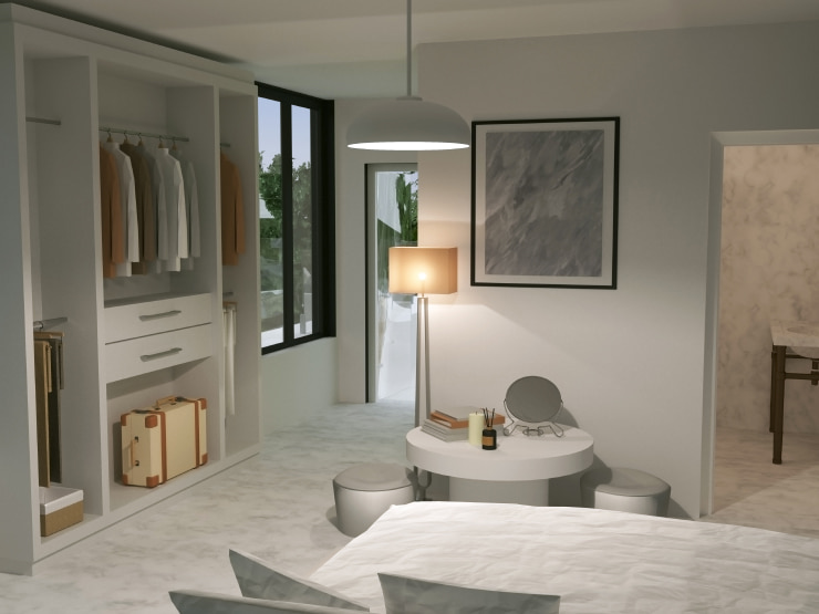 Bedroom in light tones with a picture hanging on the wall.