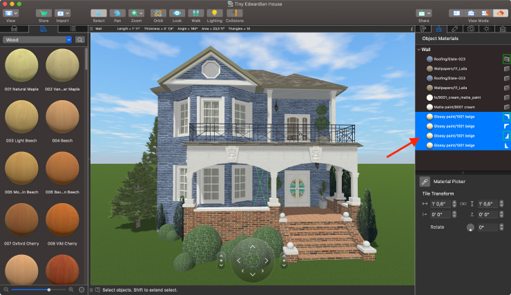 The screenshot showcasing how to apply materials to the moldings in Live Home 3D.