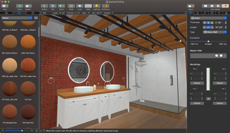 3D view of an industrial bathroom with a beamed ceiling made in Live Home 3D.