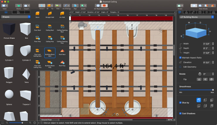 The screenshot showcasing how to create a beamed ceiling in Live Home 3D using the Building Block tool.