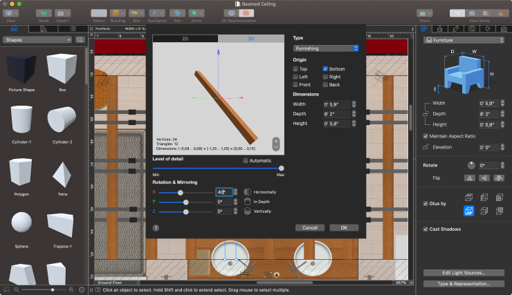 The screenshot demonstrating how to create sloping beams in the Type & Representation window of Live Home 3D.