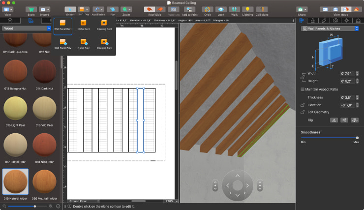 The screenshot demonstrating how to create sloping beams in Live Home 3D using the Wall Panel tool.