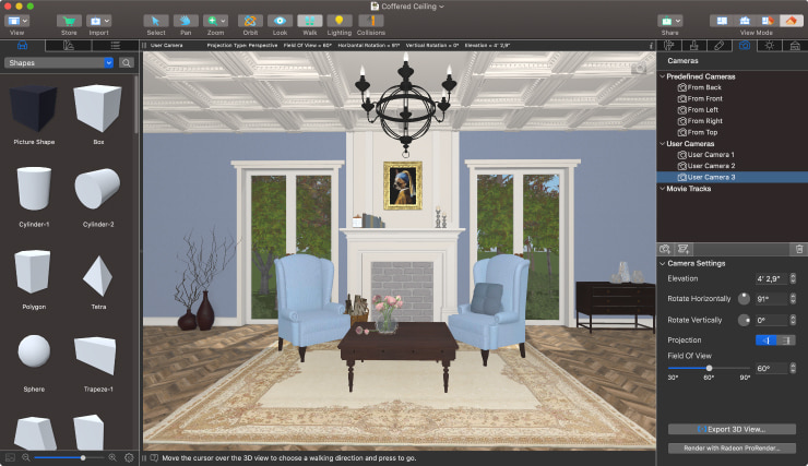 3D view of a spacious living room with coffered ceiling created in Live Home 3D.