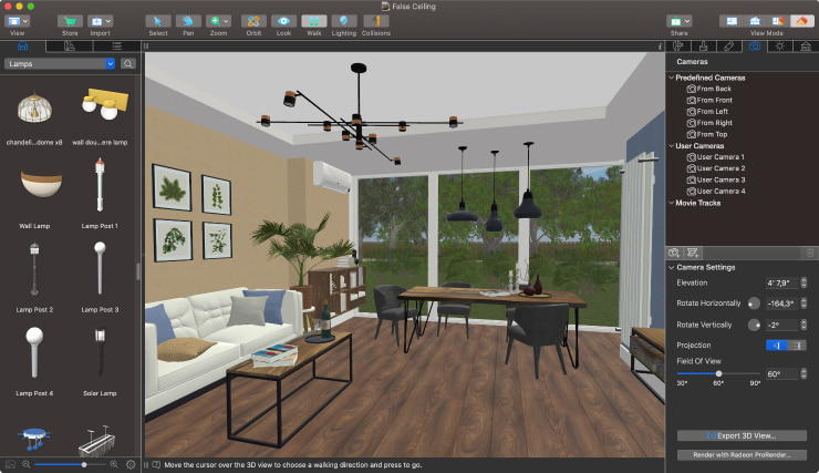3D view of a living room with a false ceiling created in Live Home 3D.