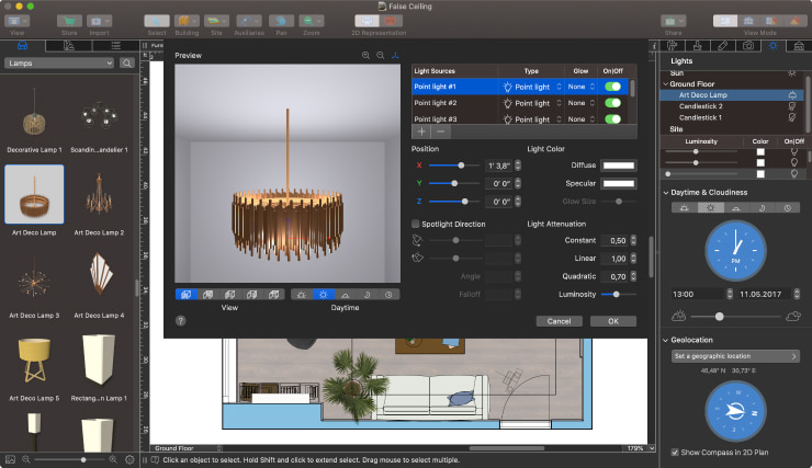 The screenshot demonstrating how to make any object a light source in Live Home 3D.
