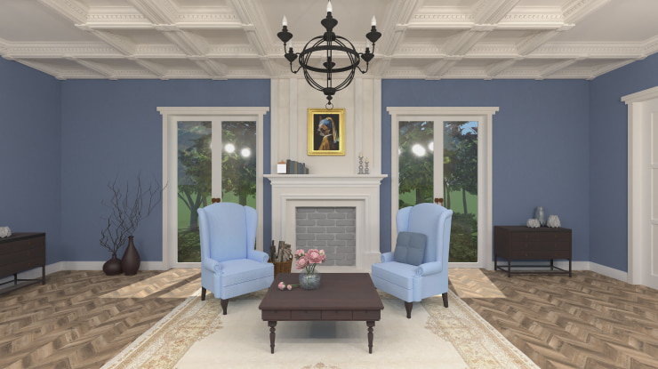 Spacious living room with coffered ceiling.