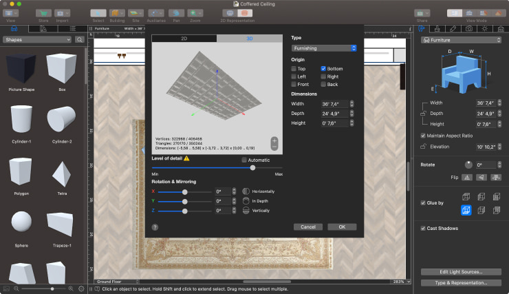 The screenshot showcasing the work with the dimensions of a 3D object in the Type & Representation window of Live Home 3D.