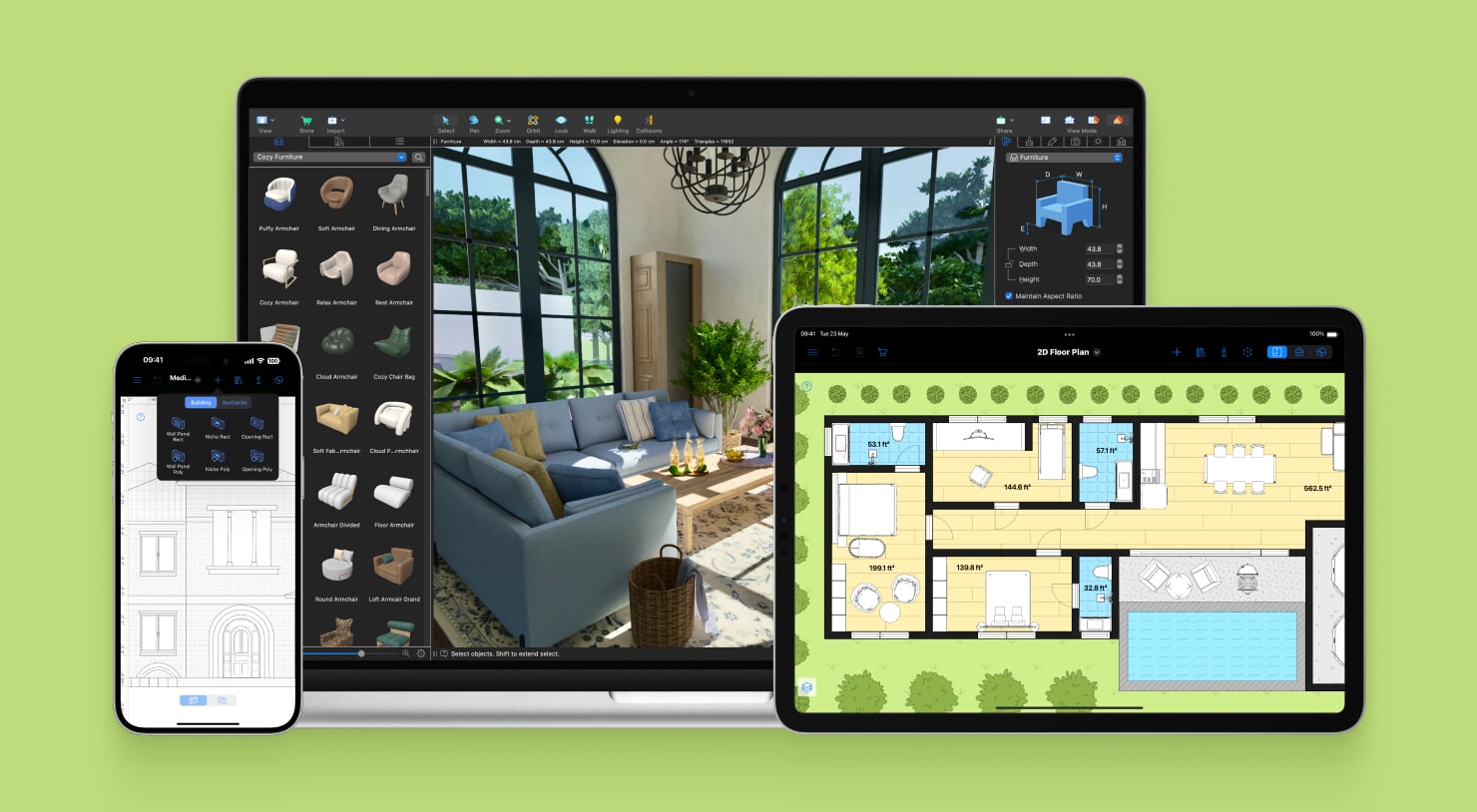 Floor plans and interiors created in Live Home 3D app showcased on Mac, iPhone and iPad on a green background.